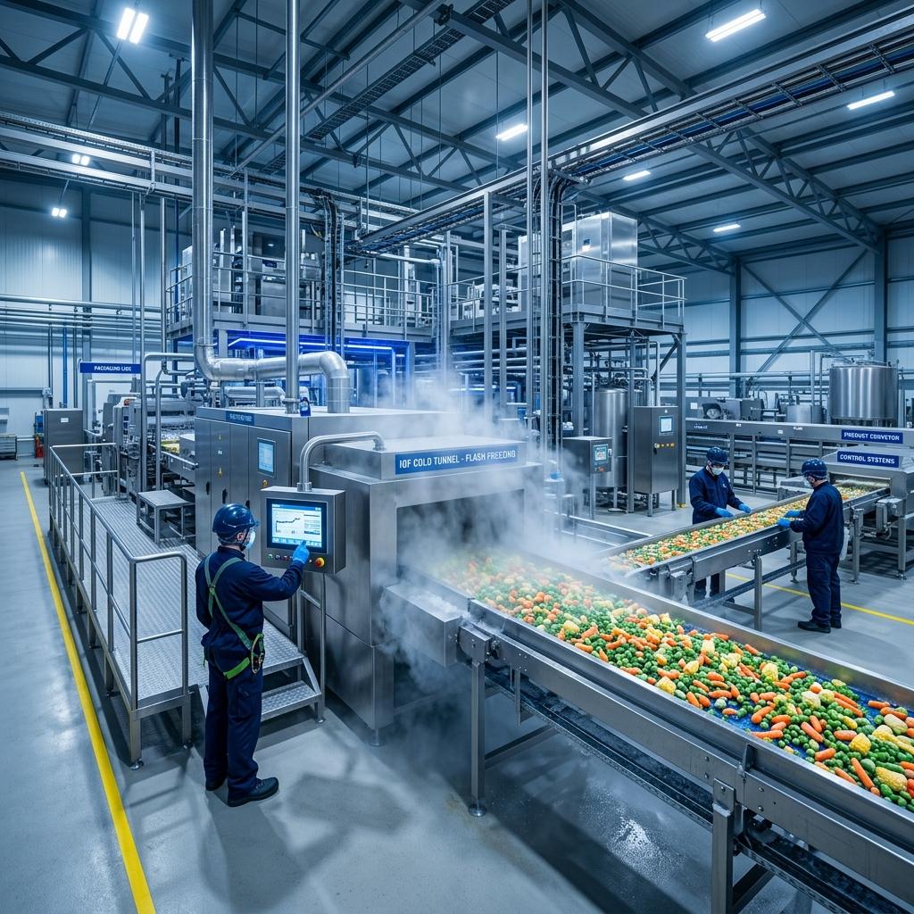 Modern frozen food manufacturing facility with advanced stainless steel equipment, conveyor belts and cold chain systems