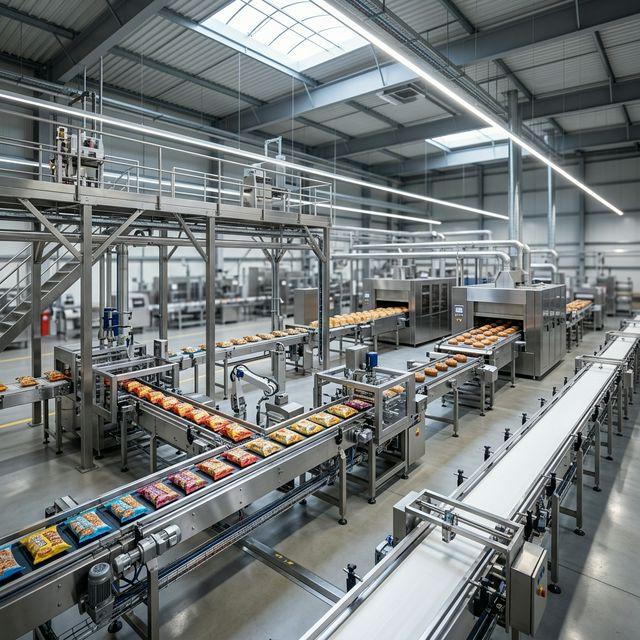 Food manufacturing plant with modern machinery and production lines