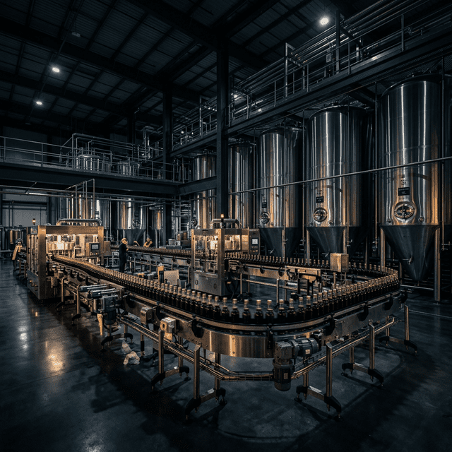 Modern beverage production facility with stainless steel bottling line